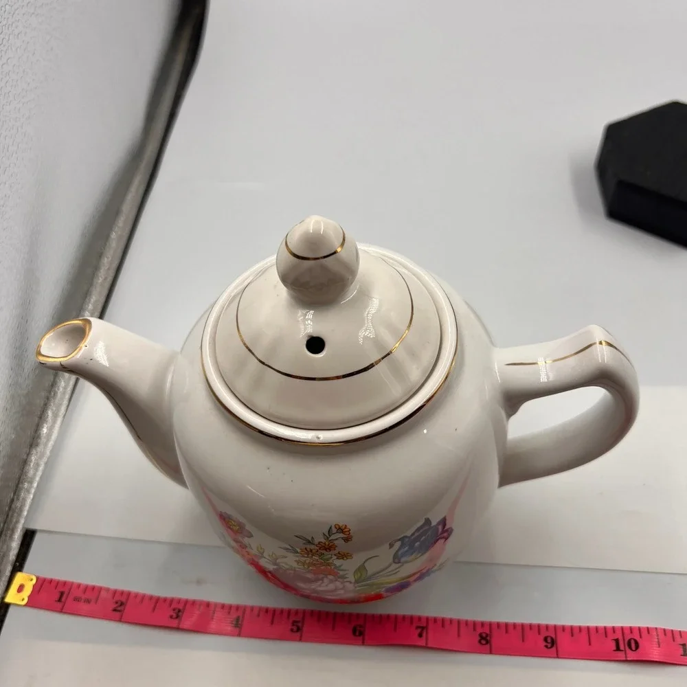 Vtg Porcelain Floral Teapot Gold Trim White Ceramic Tea Pot Multi-Color Flower